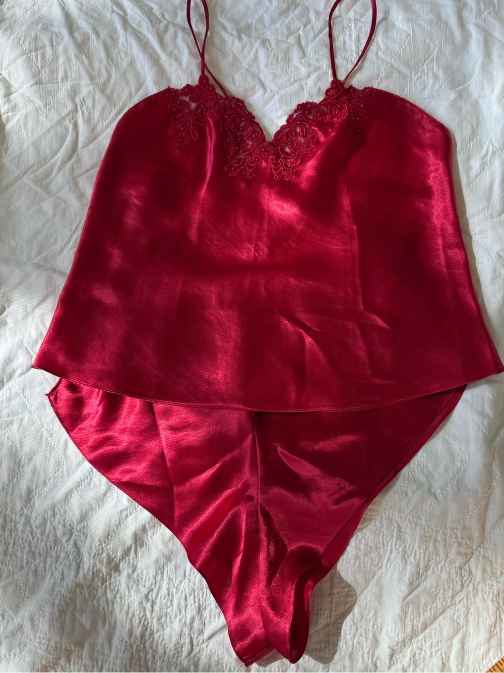 Vintage Gold Label Victoria’s Secret Red Satin Lace-Trim Cami & shorts set